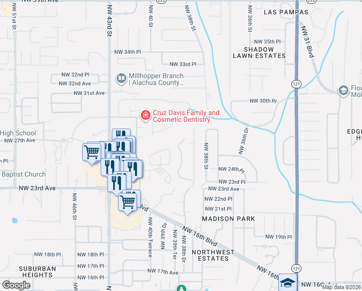 map of restaurants, bars, coffee shops, grocery stores, and more near 4048 Northwest 23rd Circle in Gainesville