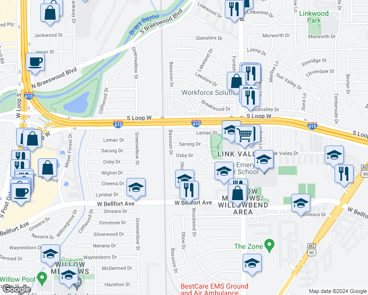 map of restaurants, bars, coffee shops, grocery stores, and more near 4141 Sarong Drive in Houston