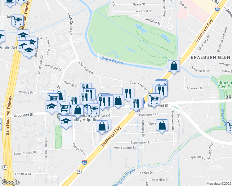 map of restaurants, bars, coffee shops, grocery stores, and more near 9700 Bissonnet Street in Houston