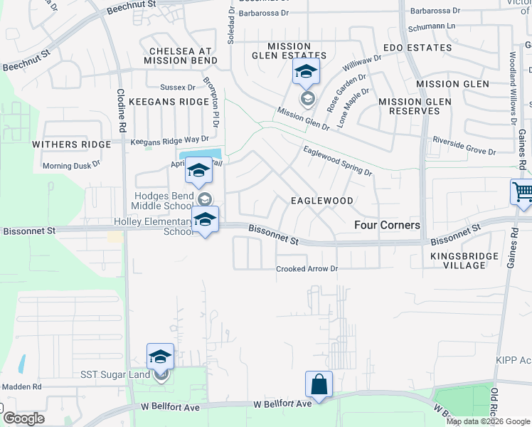 map of restaurants, bars, coffee shops, grocery stores, and more near 16306 Pebble Crest Lane in Houston