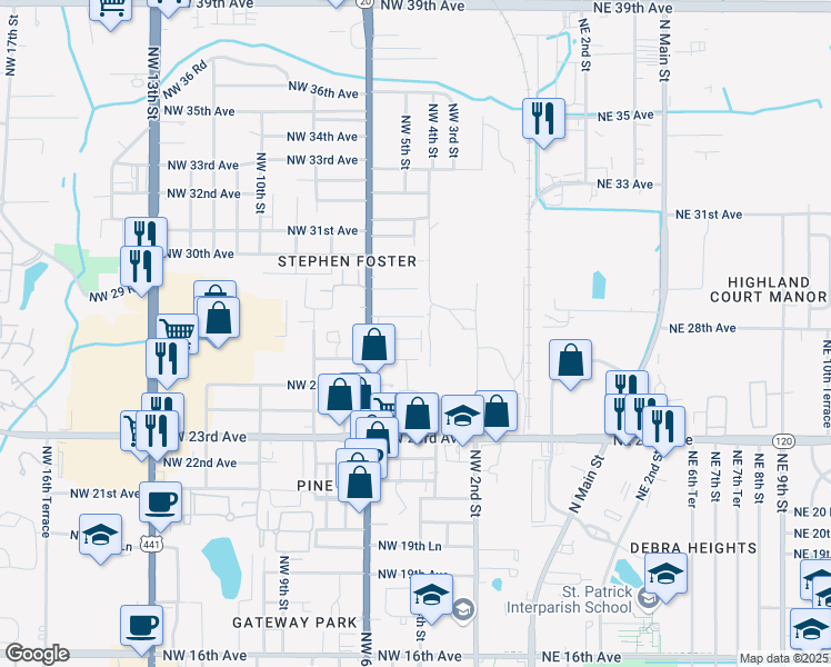 map of restaurants, bars, coffee shops, grocery stores, and more near 440 Northwest 27th Avenue in Gainesville
