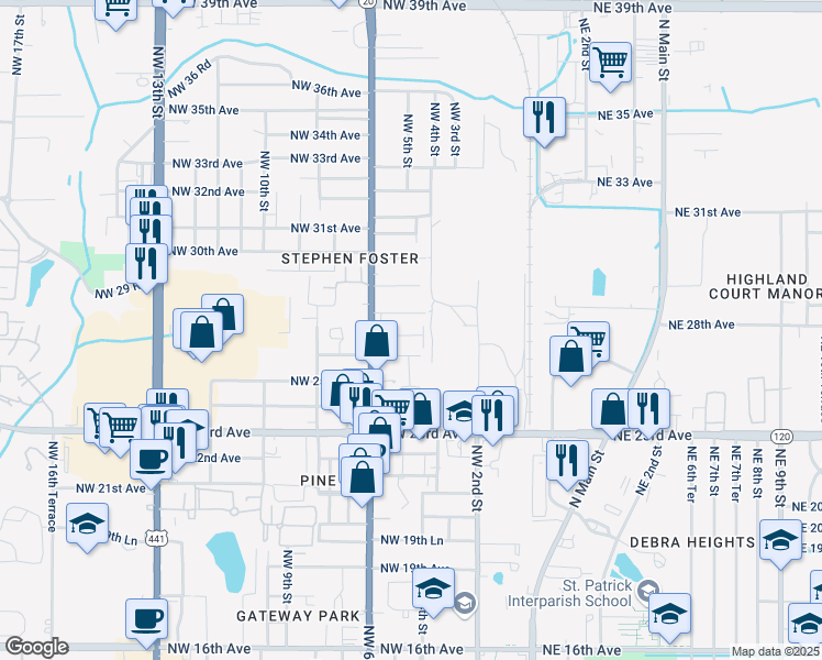 map of restaurants, bars, coffee shops, grocery stores, and more near 440 Northwest 27th Avenue in Gainesville