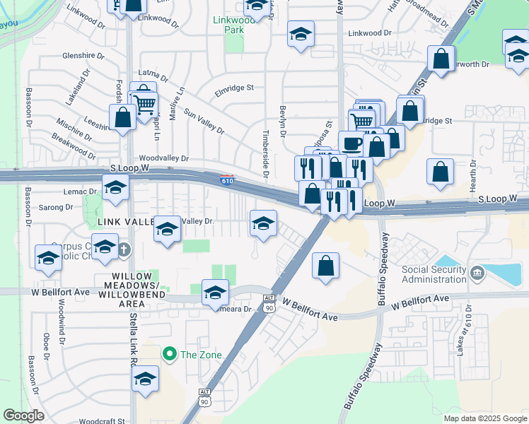 map of restaurants, bars, coffee shops, grocery stores, and more near 9707 Timberside Drive in Houston