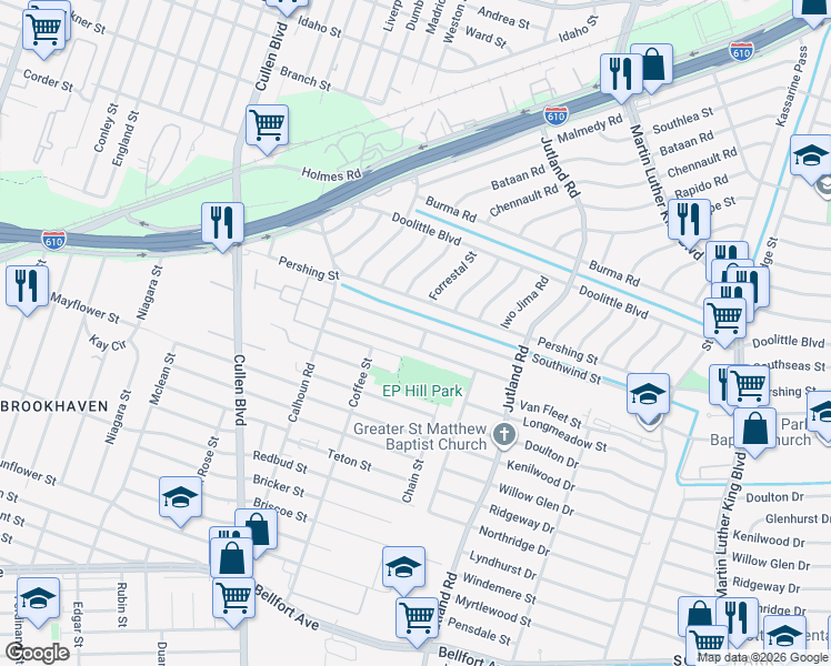 map of restaurants, bars, coffee shops, grocery stores, and more near 4934 Southwind Street in Houston