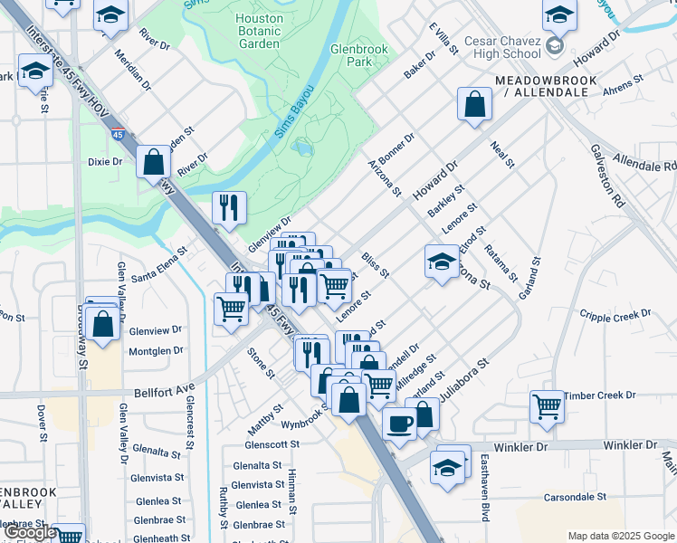 map of restaurants, bars, coffee shops, grocery stores, and more near 8032 Howard Drive in Houston