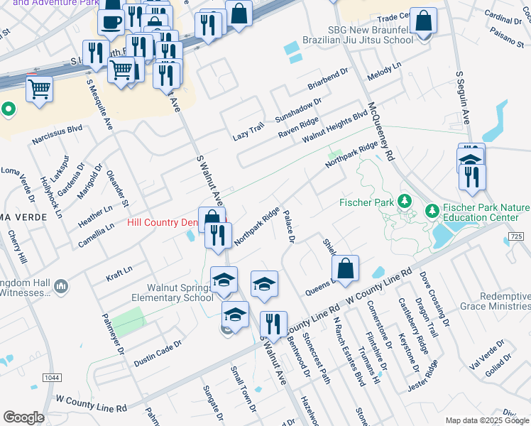 map of restaurants, bars, coffee shops, grocery stores, and more near 1026 Northpark Ridge in New Braunfels