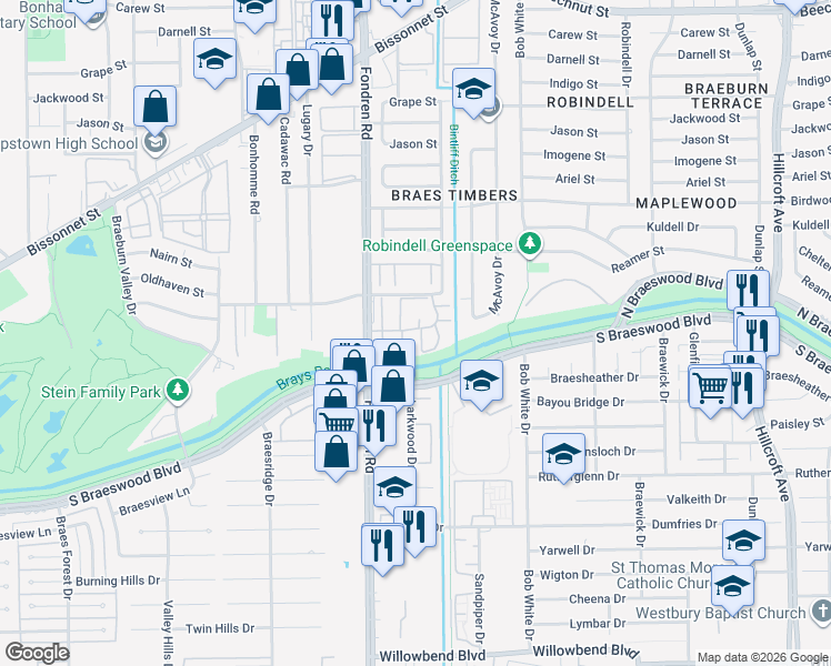 map of restaurants, bars, coffee shops, grocery stores, and more near 6553 Wanda Lane in Houston