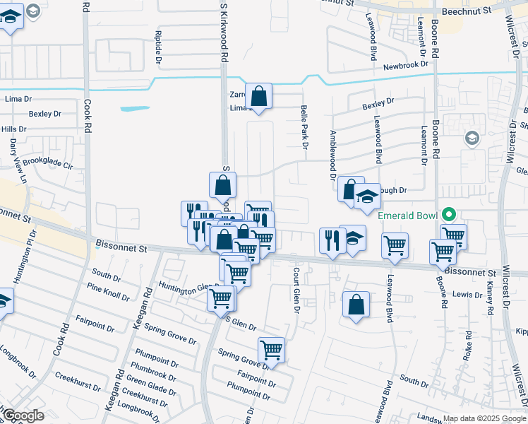 map of restaurants, bars, coffee shops, grocery stores, and more near 9300 Ketchwood Drive in Houston