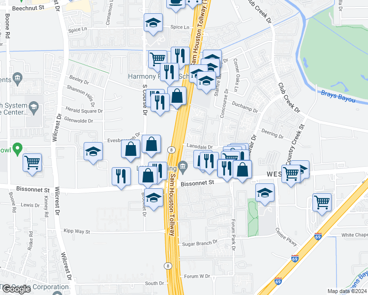 map of restaurants, bars, coffee shops, grocery stores, and more near 2 Lansdale Drive in Houston