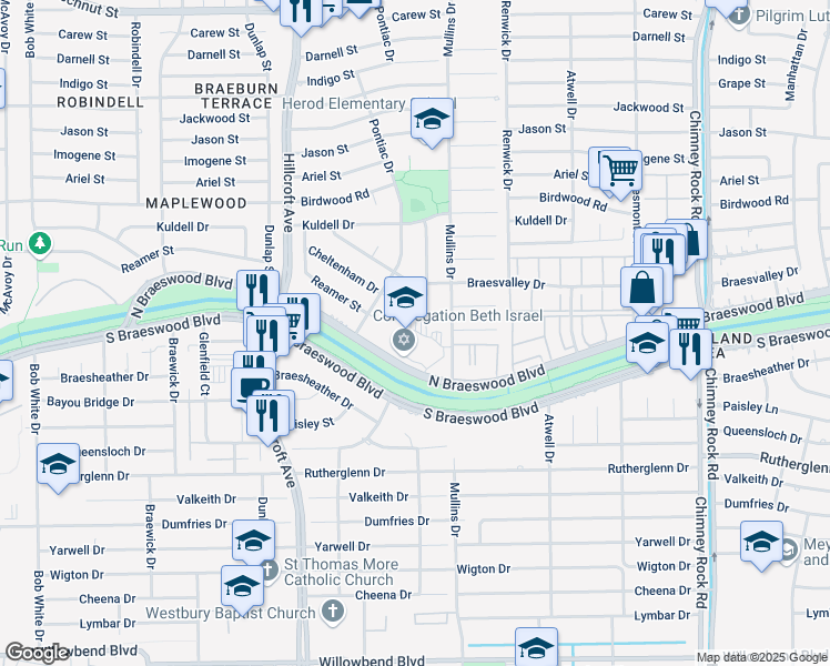 map of restaurants, bars, coffee shops, grocery stores, and more near 5600 North Braeswood Boulevard in Houston