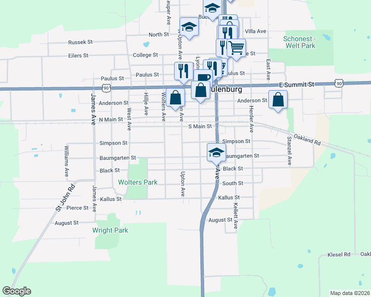 map of restaurants, bars, coffee shops, grocery stores, and more near 906 Upton Avenue in Schulenburg