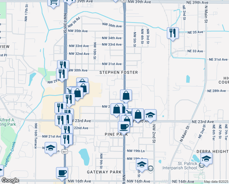 map of restaurants, bars, coffee shops, grocery stores, and more near 636 Northwest 26 Avenue in Gainesville