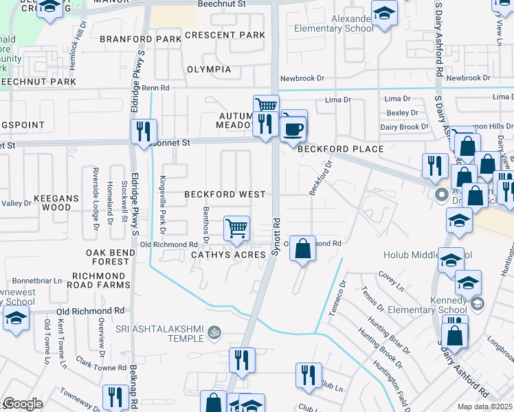 map of restaurants, bars, coffee shops, grocery stores, and more near 13202 Benford Drive in Houston