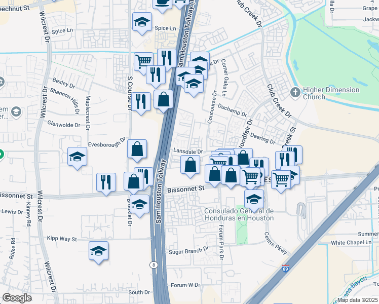 map of restaurants, bars, coffee shops, grocery stores, and more near 10158 Lansdale Drive in Houston
