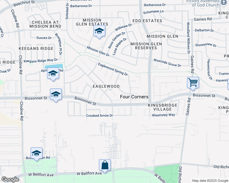 map of restaurants, bars, coffee shops, grocery stores, and more near 9523 Flying Eagle Court in Houston