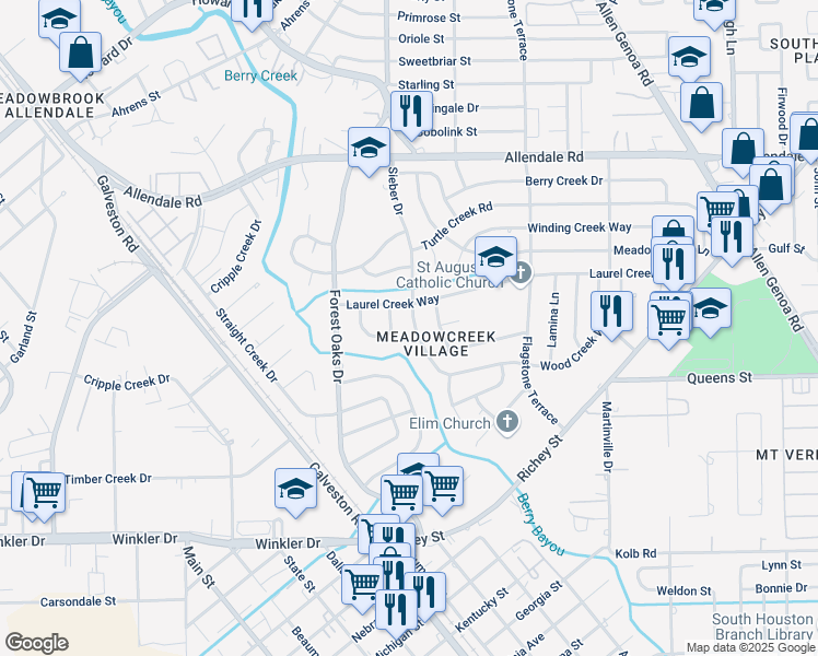 map of restaurants, bars, coffee shops, grocery stores, and more near 2114 Sieber Drive in Houston