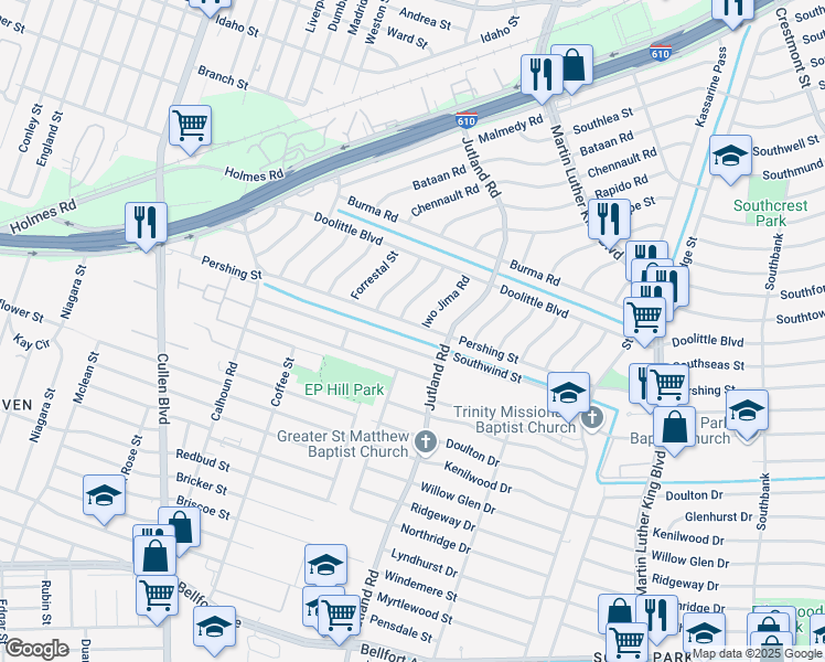map of restaurants, bars, coffee shops, grocery stores, and more near 5038 Pershing Street in Houston