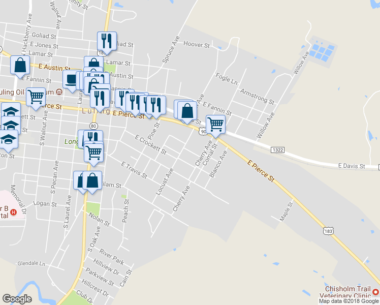 map of restaurants, bars, coffee shops, grocery stores, and more near 1204 Wilson Street in Luling