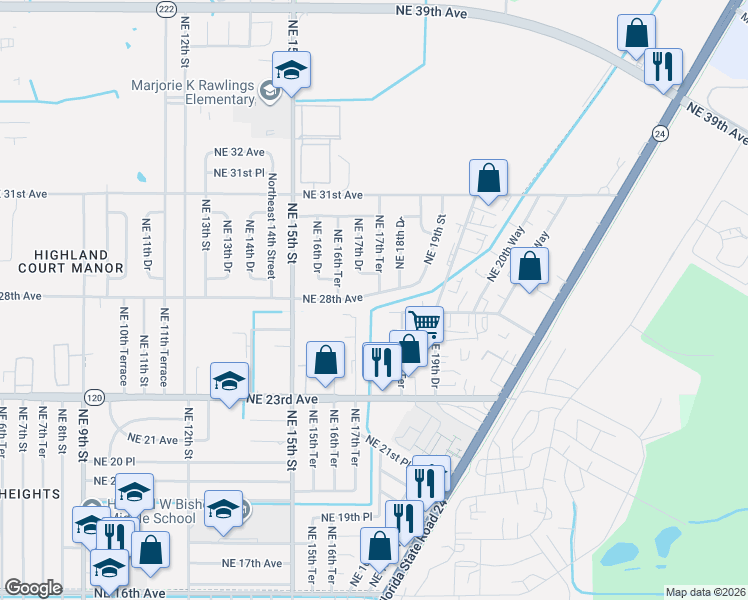 map of restaurants, bars, coffee shops, grocery stores, and more near 1721 Northeast 28th Avenue in Gainesville