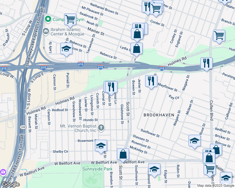 map of restaurants, bars, coffee shops, grocery stores, and more near 7825 Colonial Lane in Houston