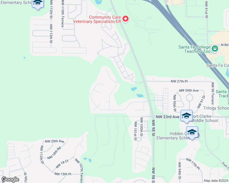 map of restaurants, bars, coffee shops, grocery stores, and more near 2613A Northwest 104th Court in Gainesville