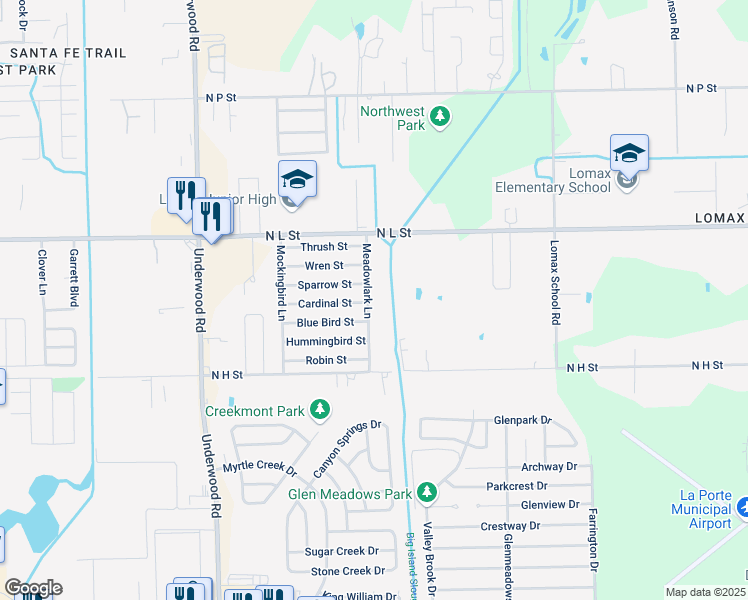 map of restaurants, bars, coffee shops, grocery stores, and more near 2013 Meadow Lark Lane in La Porte