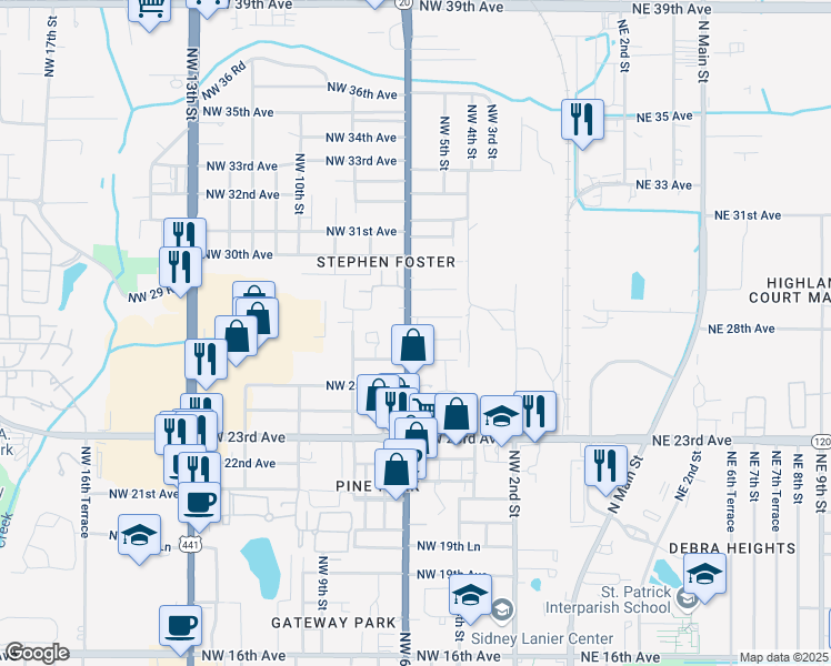 map of restaurants, bars, coffee shops, grocery stores, and more near 2711 Northwest 6th Street in Gainesville