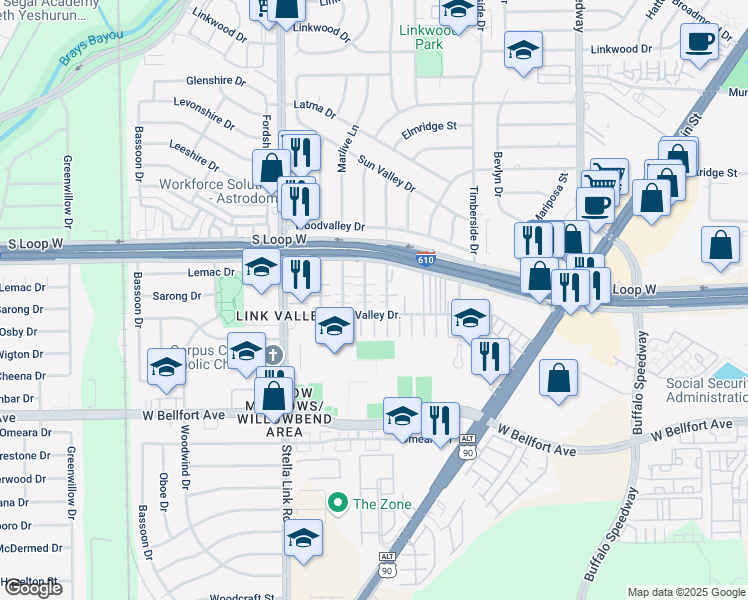 map of restaurants, bars, coffee shops, grocery stores, and more near 9713 Riddlewood Lane in Houston