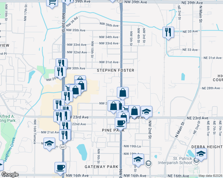 map of restaurants, bars, coffee shops, grocery stores, and more near 636 Northwest 26 Avenue in Gainesville