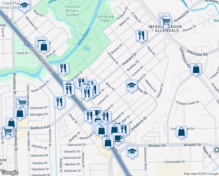 map of restaurants, bars, coffee shops, grocery stores, and more near 8056 Barkley Street in Houston