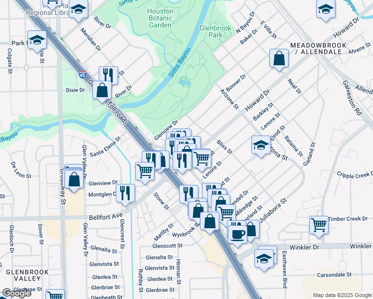 map of restaurants, bars, coffee shops, grocery stores, and more near 8010 Wier Drive in Houston