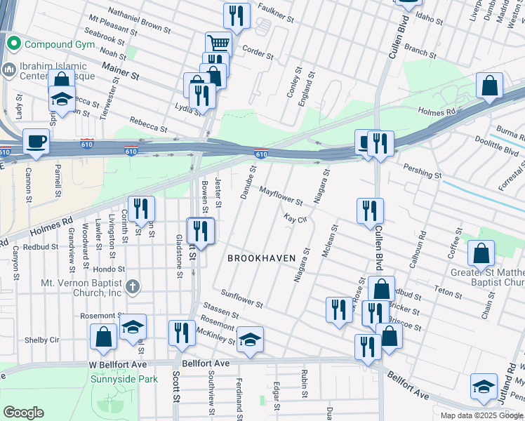 map of restaurants, bars, coffee shops, grocery stores, and more near 1106 Elberta Street in Houston