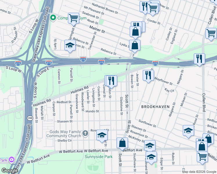 map of restaurants, bars, coffee shops, grocery stores, and more near 7824 Brandon Street in Houston
