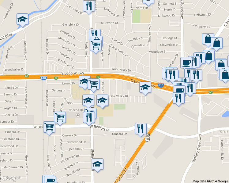 map of restaurants, bars, coffee shops, grocery stores, and more near 9713 Riddlewood Lane in Houston
