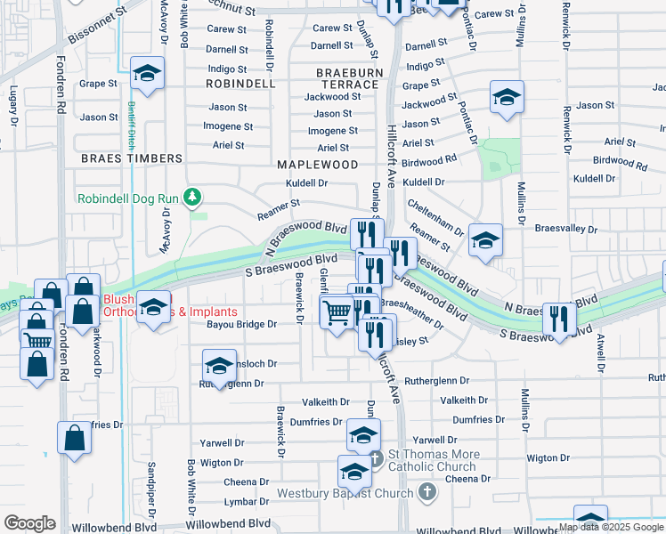 map of restaurants, bars, coffee shops, grocery stores, and more near 9402 Glenfield Court in Houston