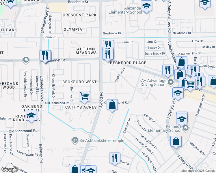 map of restaurants, bars, coffee shops, grocery stores, and more near 13118 Benford Drive in Houston