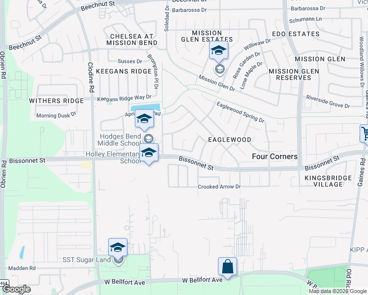 map of restaurants, bars, coffee shops, grocery stores, and more near 16306 Pebble Crest Ln in Houston