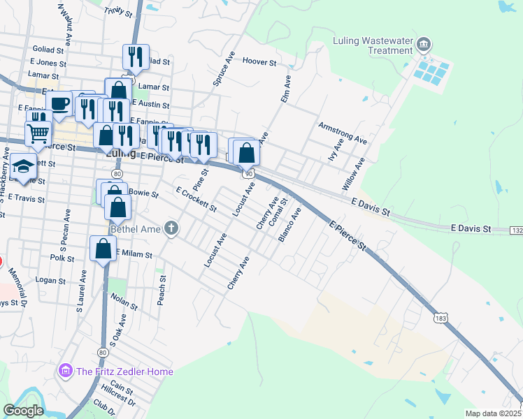 map of restaurants, bars, coffee shops, grocery stores, and more near 1204 Wilson Street in Luling