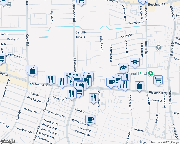 map of restaurants, bars, coffee shops, grocery stores, and more near 9300 Ketchwood Drive in Houston