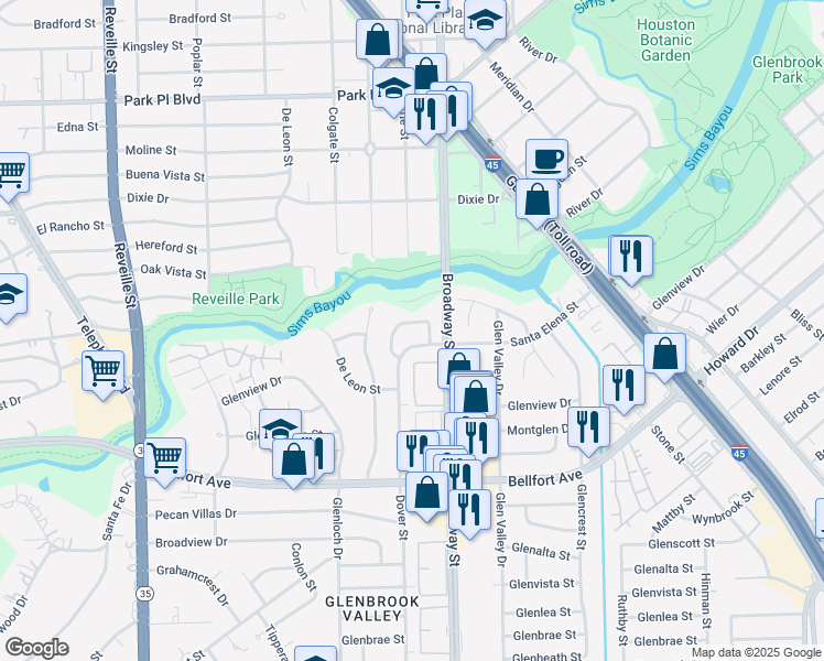 map of restaurants, bars, coffee shops, grocery stores, and more near 8011 Glenforest Court in Houston