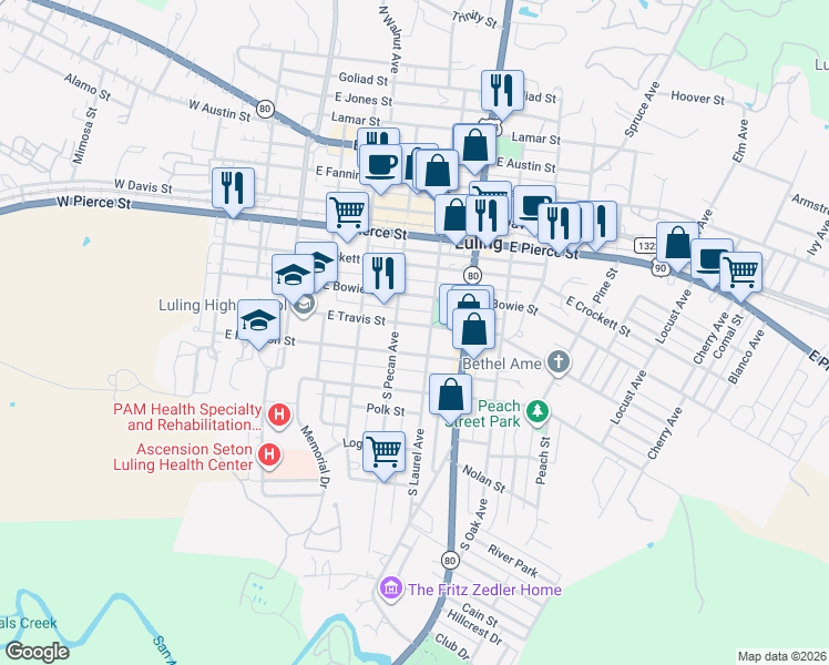 map of restaurants, bars, coffee shops, grocery stores, and more near 512 East Travis Street in Luling