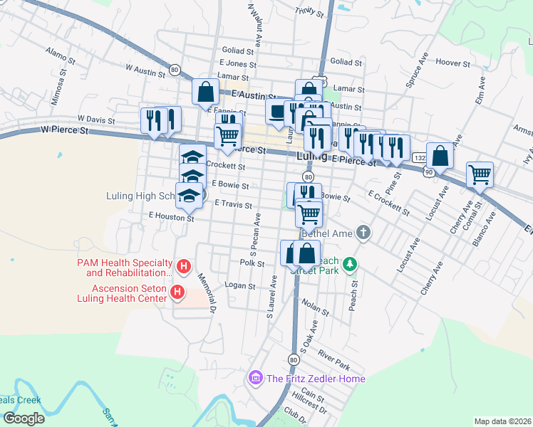 map of restaurants, bars, coffee shops, grocery stores, and more near 512 East Travis Street in Luling