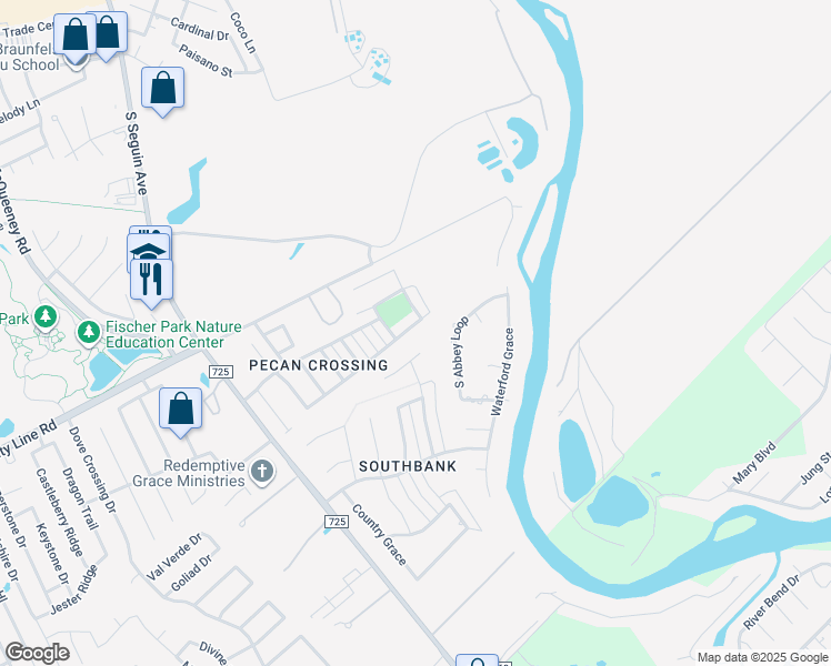 map of restaurants, bars, coffee shops, grocery stores, and more near 470 Pecan Meadows in New Braunfels