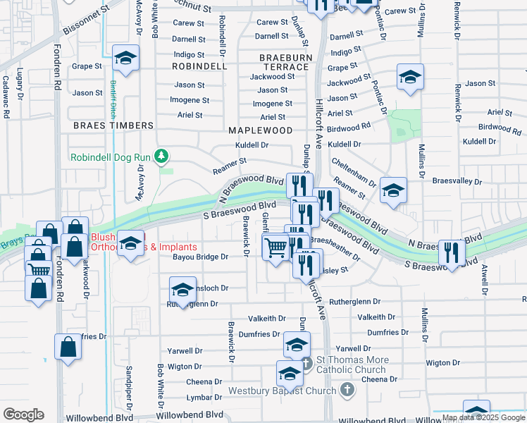 map of restaurants, bars, coffee shops, grocery stores, and more near 9402 Glenfield Court in Houston