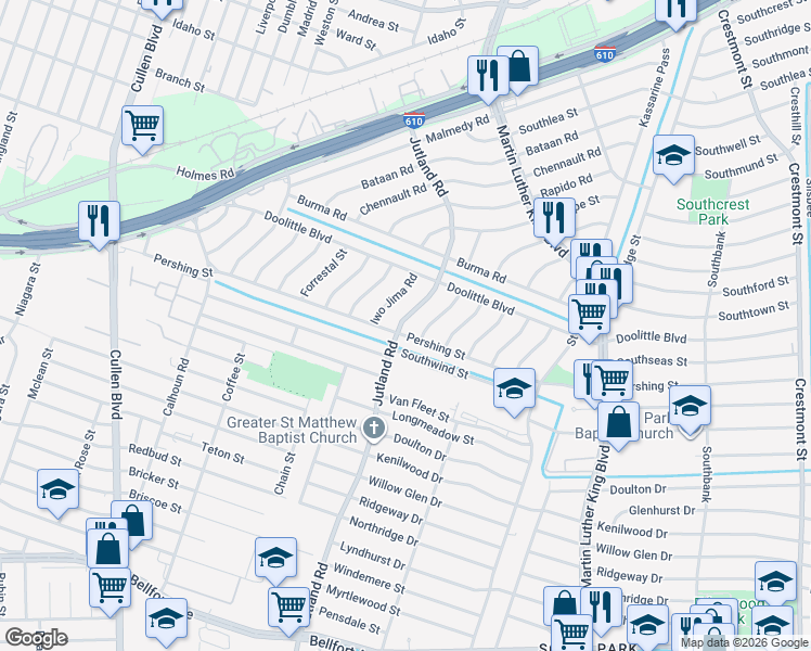 map of restaurants, bars, coffee shops, grocery stores, and more near 7351 Jutland Road in Houston
