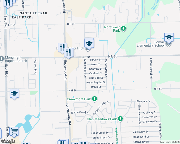 map of restaurants, bars, coffee shops, grocery stores, and more near 9807 Cardinal Street in La Porte