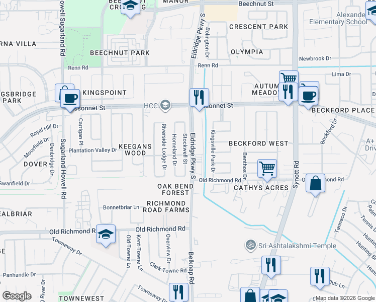 map of restaurants, bars, coffee shops, grocery stores, and more near 9419 Stockwell Street in Houston