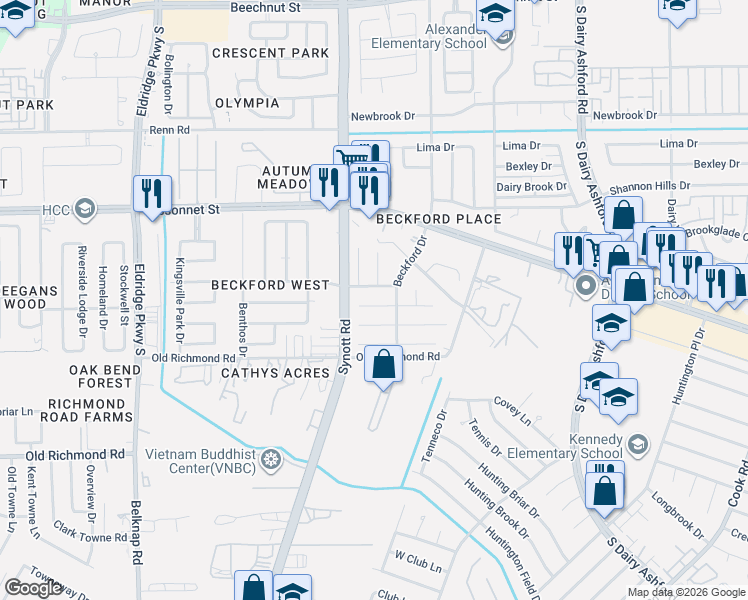 map of restaurants, bars, coffee shops, grocery stores, and more near 13118 Benford Drive in Houston