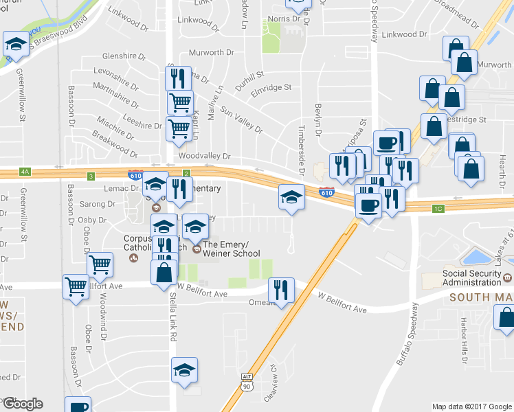 map of restaurants, bars, coffee shops, grocery stores, and more near 3558 Link Valley Drive in Houston