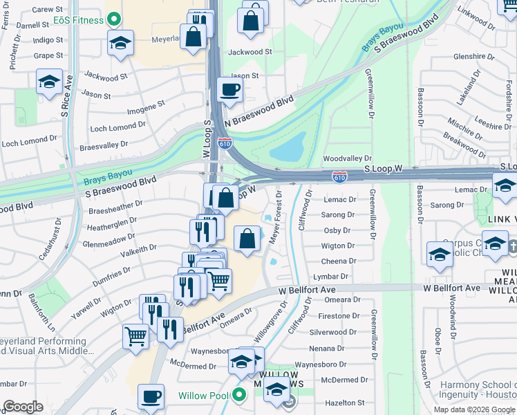 map of restaurants, bars, coffee shops, grocery stores, and more near 9550 Meyer Forest Drive in Houston